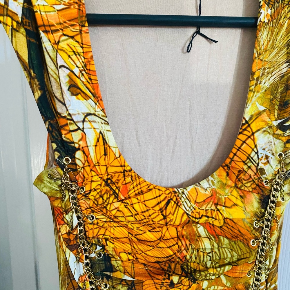 NWT Chic SKY Exotic MultiColor 100% Silk Mini Dress with Gold Chain Detail XS